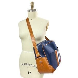 VTG American Luggage Striped Travel Bag Adjustable Strap Blue Brown Vinyl Trim